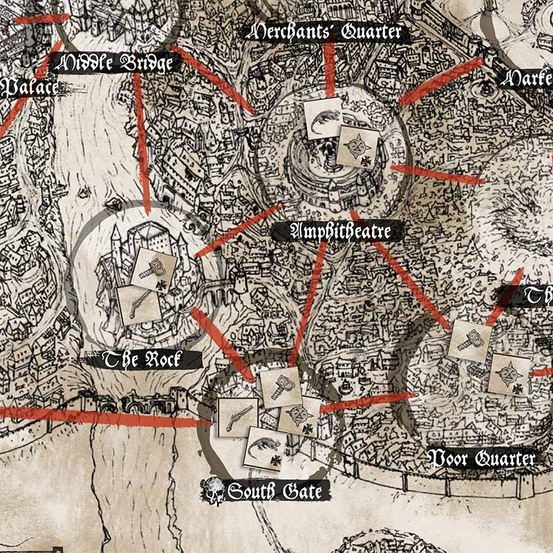 Image showing the Mordheim map with tokens placed on Districts